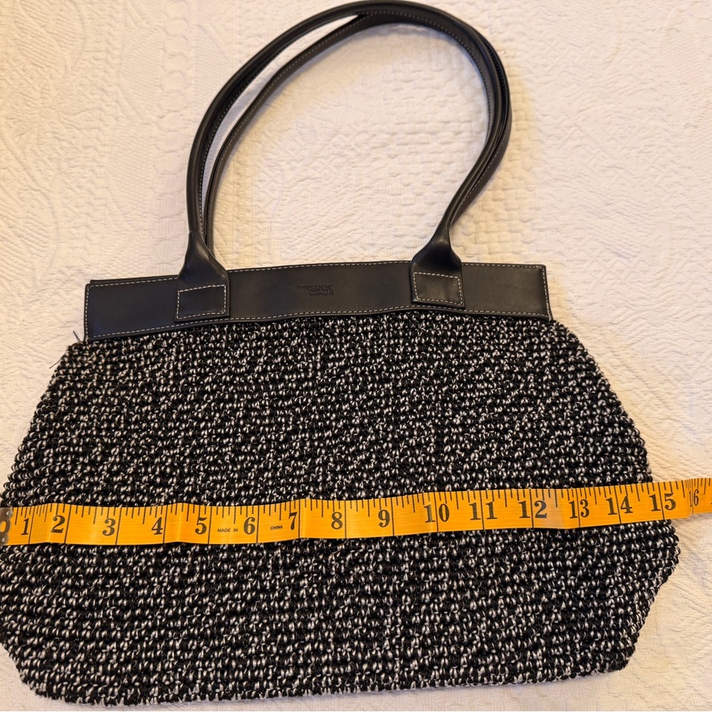 The Sak/ Elliott Lucca Black/ White Knit Bag w/ Black Leather Handles / Trim - Picture 7 of 8